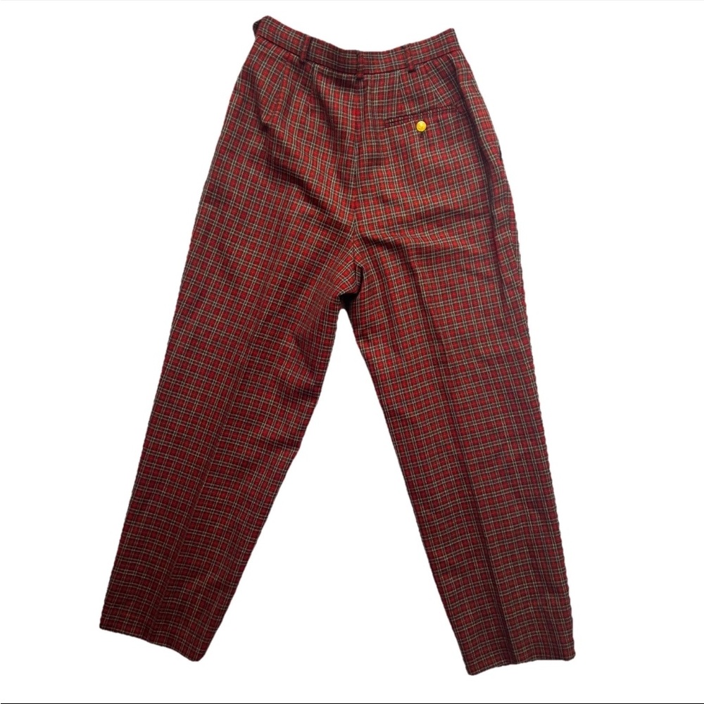 VTG Liz Claiborne Wool Dress Pants 8P Tartan Pleated Red Navy Tapered Leg Preppy